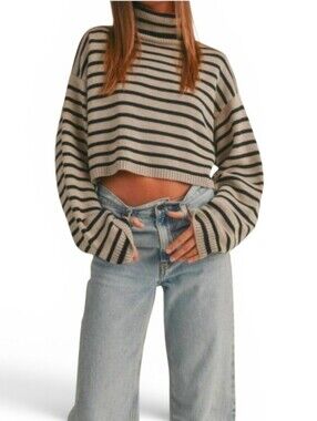 MIOU MUSE Striped Turtleneck Cropped Knit Sweater - Small
